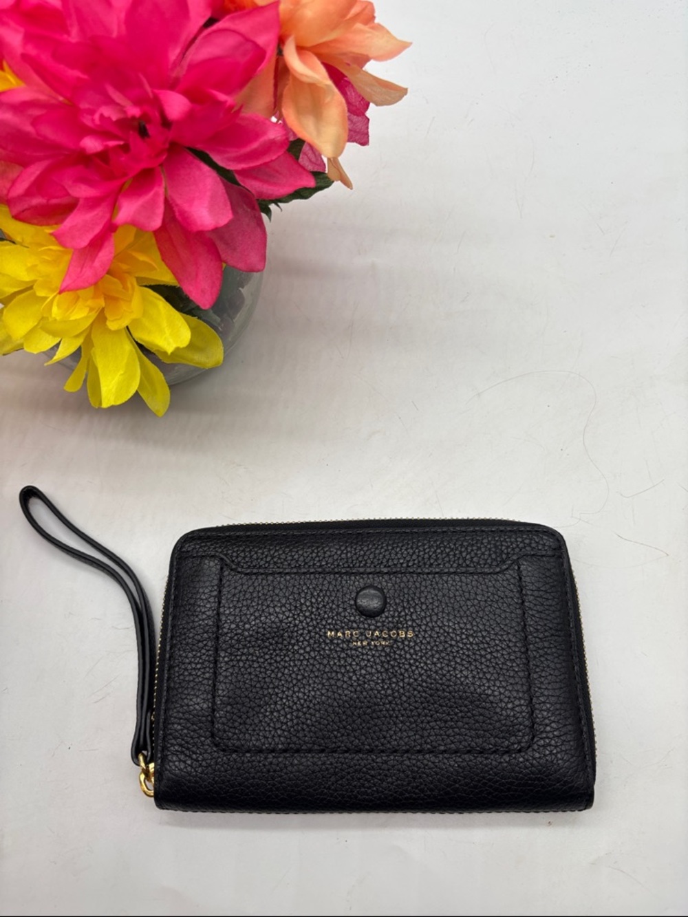 Marc Jacobs Black Pebbled Leather Wristlet Wallet with Gold Accents